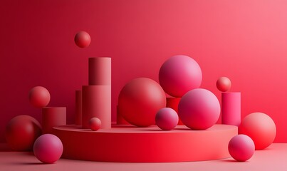 Poster - Abstract red geometric shapes on a red background with smooth and reflective surfaces