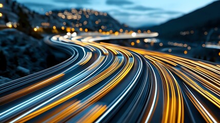 Poster - Long exposure of curved highway at dusk showing light trails from vehicles against mountain landscape with city lights in background, moody evening atmosphere.