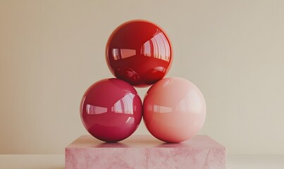 Poster - Three glossy spheres in shades of red and pink stacked on a pink platform