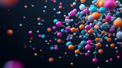 Fototapete - Artistic representation of colorful molecules in motion, showcasing vibrant spheres and connections against dark background, creating dynamic and engaging visual experience