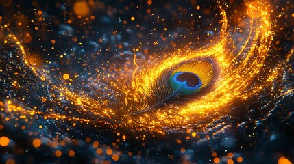 Poster - Luminous Peacock Feather in a Sparkling Galaxy.