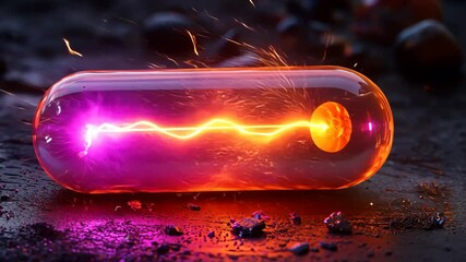 Poster - Vibrant electrical arc within a transparent capsule illuminating dark surroundings with colorful sparks