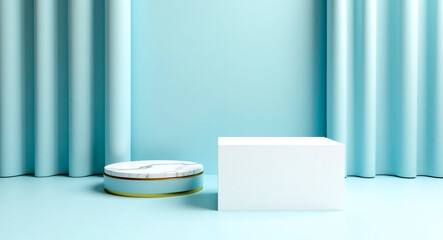 two display platforms with marble and white cube in a blue studio setting