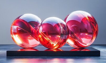 Poster - Three reflective red spheres on a black platform with a grey background