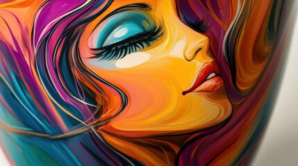 Wall Mural - Vibrant woman portrait, painted, studio, serene background, art print