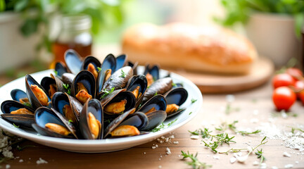 close-up of a bowl of cooked mussels a culinary delicacy.