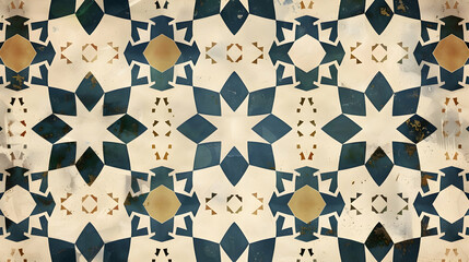 Poster - Intricate geometric tile pattern featuring blue and beige colors with a vintage texture