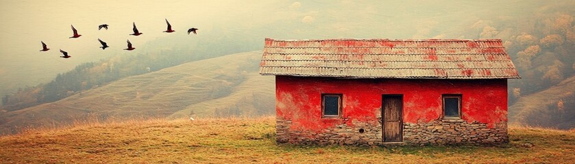 Wall Mural - Red house, autumn hills, birds flying, misty background. Rural landscape