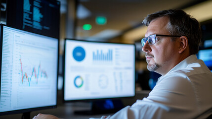 Poster - Focused Businessman Analyzing Data Charts Graphs Financial Market Research Work Office Growth       