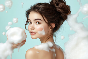 Wall Mural - A young female model with her back to the camera applies soap to one shoulder, with rich, foamy lather running down her skin