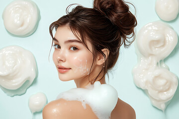 Wall Mural - A young female model with her back to the camera applies soap to one shoulder, with rich, foamy lather running down her skin