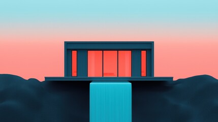 Poster - modern architectural design minimalist waterfall home digital artwork tranquil setting eye-level per
