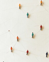 Canvas Print - Miniature figures interconnected by thin lines on a light background, symbolizing networking and connection.