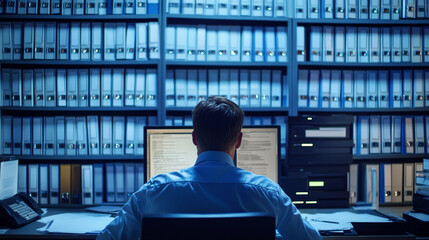 Poster - Man Working Late Night Office Computer Data Files Blue job desk task system worker screen archive   
