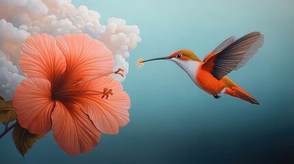 Poster - A vibrant hummingbird, wings a blur, hovers delicately beside a bright flower, its long beak poised to collect nectar.