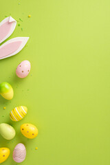 Wall Mural - decorative vertical easter eggs with various patterns and bunny ears arranged on vibrant green backg