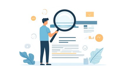 Poster - Man using magnifying glass to analyze data on document.