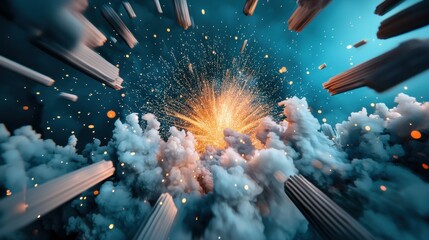 Poster - A firework explodes in the night sky, a burst of vibrant colors and intricate patterns illuminating the faces of the onlookers below.