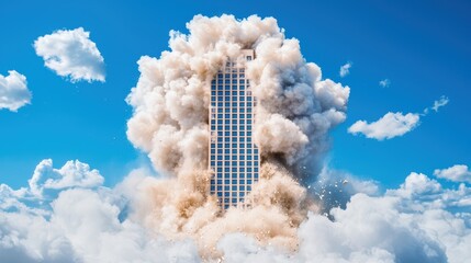 Poster - A controlled demolition sends a building collapsing in on itself, a cloud of dust and debris engulfing the structure as gravity takes hold.