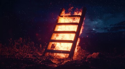 Poster - Mysterious burning ladder at night outdoor fire event dramatic scene ethereal environment