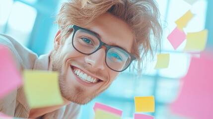 Wall Mural - A diverse group of young professionals gathered around a table covered in sticky notes, brainstorming ideas and laughing during a marketing meeting.