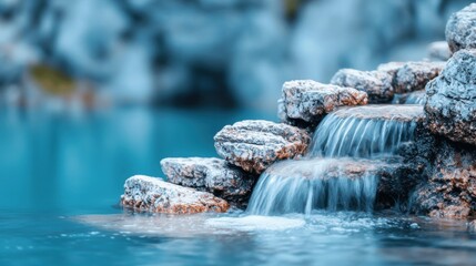 Poster - A waterfall cascading down a rocky cliff face, the water blurred into a soft veil, creating a sense of power and beauty in nature.