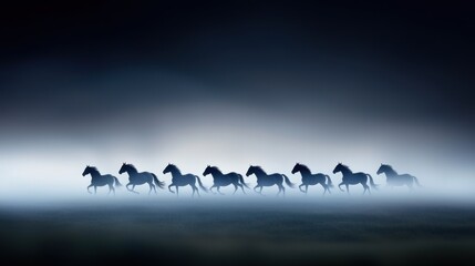 Poster - A herd of horses running across a vast, open plain, their silhouettes reduced to graceful blurs against the blurred landscape, conveying a sense of power and freedom.