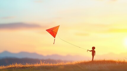 Wall Mural - A child playing with a kite on a hilltop, their silhouette a small figure against the vast expanse of the blurred sky, symbolizing dreams, aspirations, and a sense of wonder.