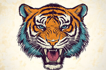 Poster - Graphic tiger head, roaring in vintage style, isolated on background. T-shirt design.
