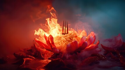 Poster - Fiery lotus bloom mythical realm digital art surreal environment dramatic viewpoint transformation concept