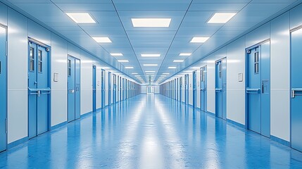  Long Corridor with Blue Doors and Shiny Floor in Modern Building.