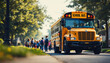 © abu - Bright yellow school bus parked on a suburban street with students waiting to board.