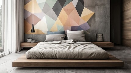 Wall Mural - Modern bedroom with a low platform bed, neutral bedding, and geometric wall art in soft hues