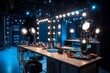 © Michael - Makeup table illuminated by ring lights in a dressing room or backstage area, with various beauty products arranged on the counter