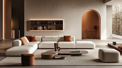 Wall Mural - Modern living room layout with a minimalist sofa, stylish shelving units, and a functional coffee table for easy movement