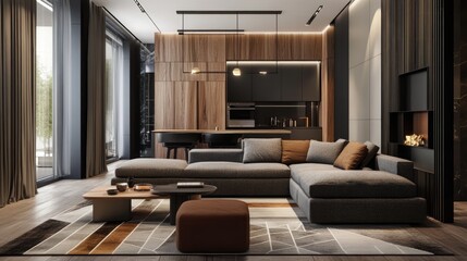 Wall Mural - Modern Scandinavian living area with a sleek sofa, geometric rug, and a mix of wooden and metal decor elements