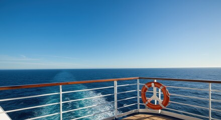 sunny day on ocean view from ship deck with lifebuoy and clear horizon