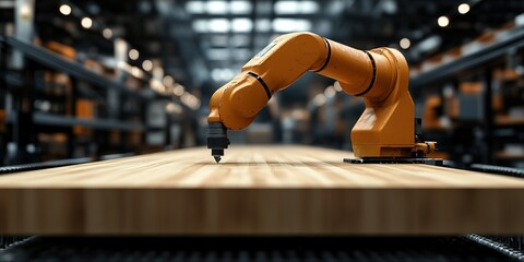 Poster - Robotic arm performing precision cutting on a wooden surface in a modern industrial setting