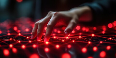 Poster - hand interacting with glowing red network of lights in a dark environment, creating a sense of digit