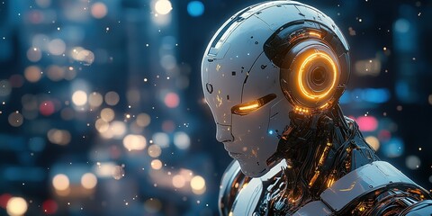 Poster - Futuristic robot stands in a vibrant cityscape illuminated by colorful lights at nighttime