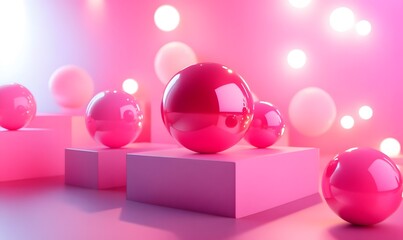 Poster - Pink Spheres on Pink Cubes with Bokeh Lights Soft and Dreamy Background Scene