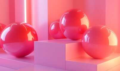 Poster - Pink Spheres on Geometric Platforms with Neon Light Accent Abstract Design 3D Render