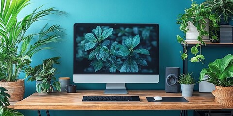 Poster - Home office setup featuring computer and houseplants in a stylish workspace setting