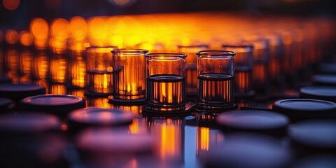 Poster - Colorful glass containers displayed under warm lighting in a creative laboratory setting during the evening hours