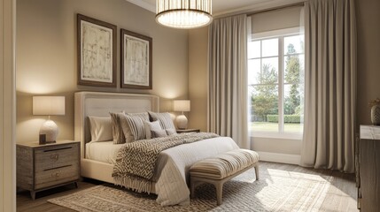 Wall Mural - Neutral-toned guest room with simple furniture, layered textiles, and soft lighting for a calming vibe