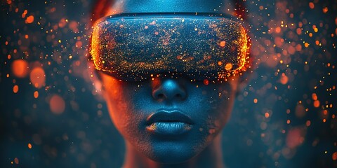 Poster - Person immerses in virtual reality experience surrounded by glowing particles in a dark setting