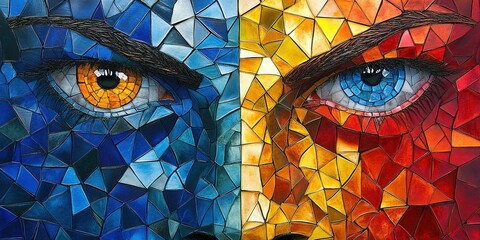 Poster - Mosaic artwork featuring vibrant blue and orange eyes in split design reflecting emotion and creativity