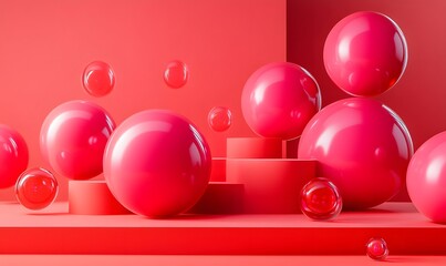 Poster - Red Spheres and Platforms Minimalist 3D Render Abstract Composition Geometric Arrangement