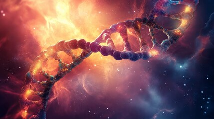 Poster - A fractal DNA strand glowing with cosmic energy and flowing through a nebula