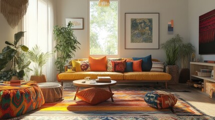 Wall Mural - Open-concept boho living room with a mix of vintage and modern decor, vibrant textiles, and plenty of natural light